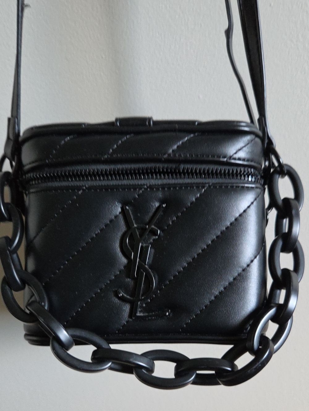 Saint Laurent Black Quilted Box Crossbody with Chain Detail